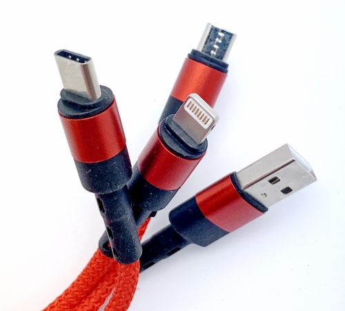 Кабель 3 в 1 Универсальный кабель  USB - micro USB, Lightning , USB Type C длина 10 см . Красный.