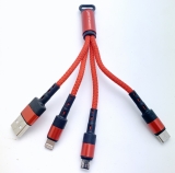 Кабель 3 в 1 Универсальный кабель  USB - micro USB, Lightning , USB Type C длина 10 см . Красный.